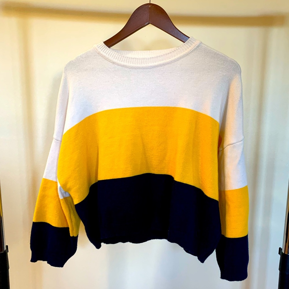 Cream, yellow and navy blue color block sweater
